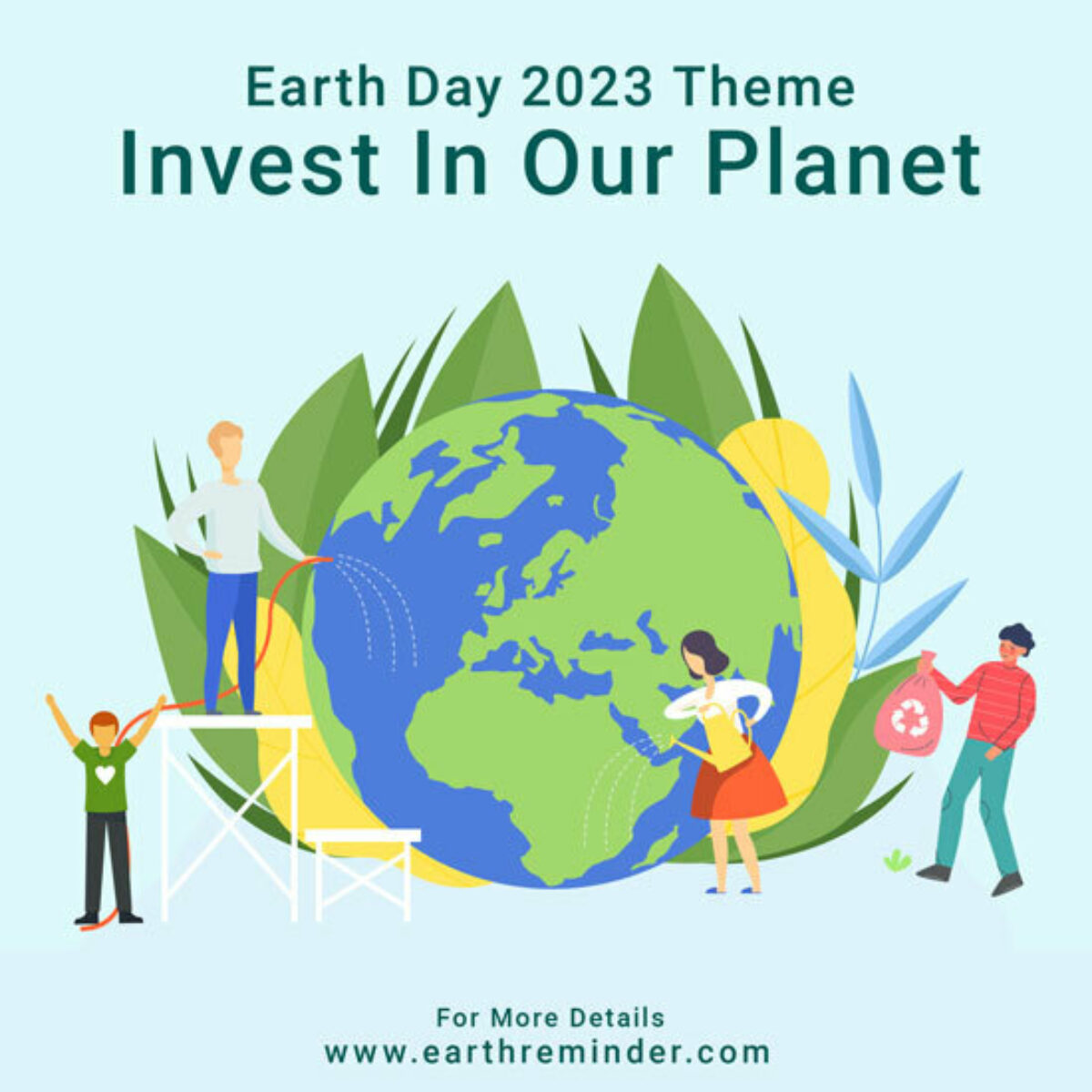 Cartoon image of the earth with people around it