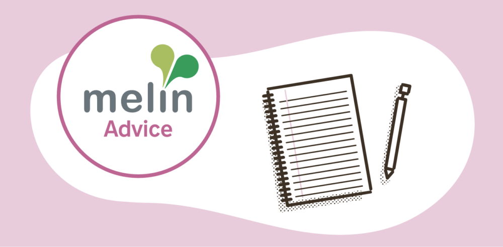 An illustration with a pen and notepad in it, featuring the Melin Advice logo