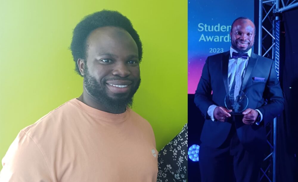 Sanni pictured at Melin Homes and after receiving an award for Apprentice of the Year for his exceptional performance and dedication whilst studying at the Chartered Management Institute