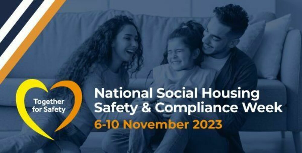 A corporate graphic with the words National Social Housing Safety and Compliance Week featuring a group of office workers