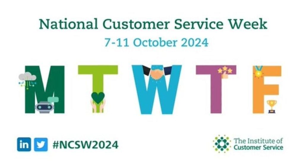 A graphic with the Customer Service Week 2024 branding on it. It features the first letter of each day of the working week, M, T, W, T and F.