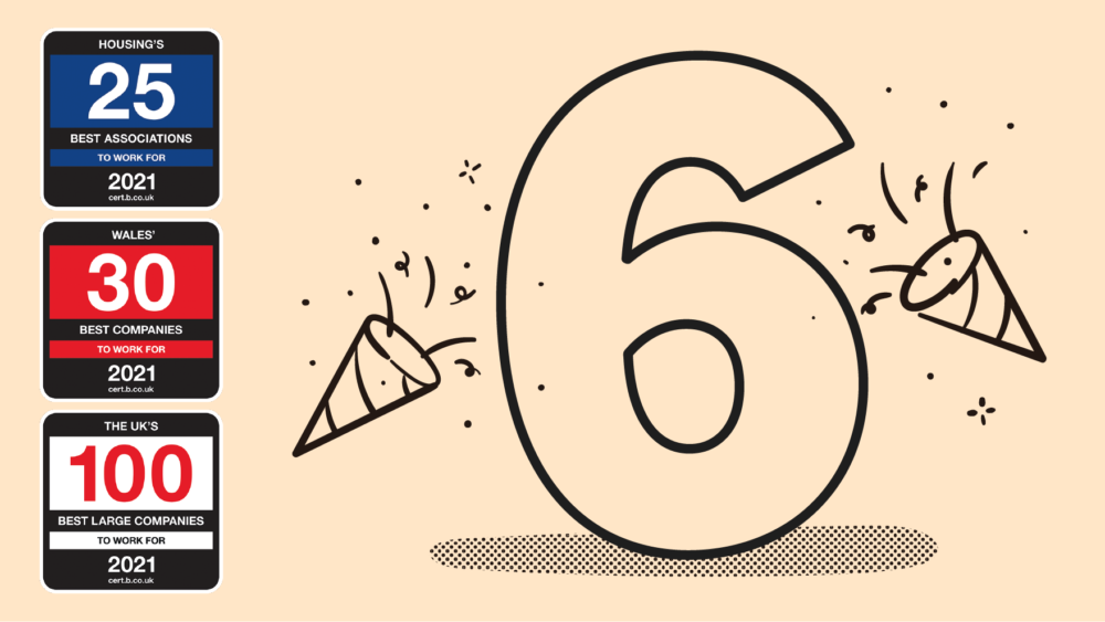 image of award logos and illustration of a big number six