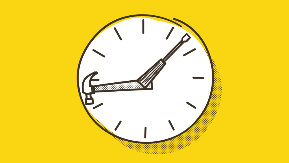 An illustration of a clock with tools for hands