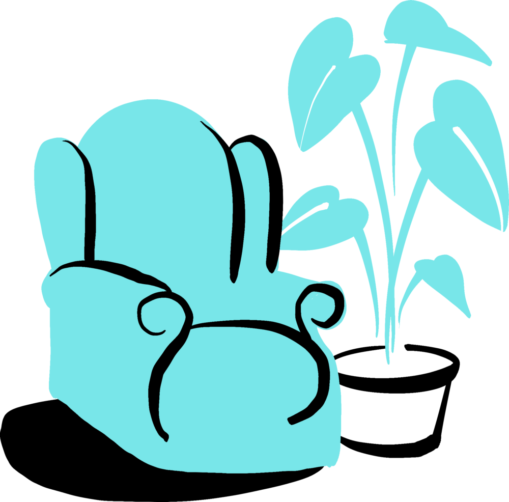 An illustration of a comfy chair and a plant