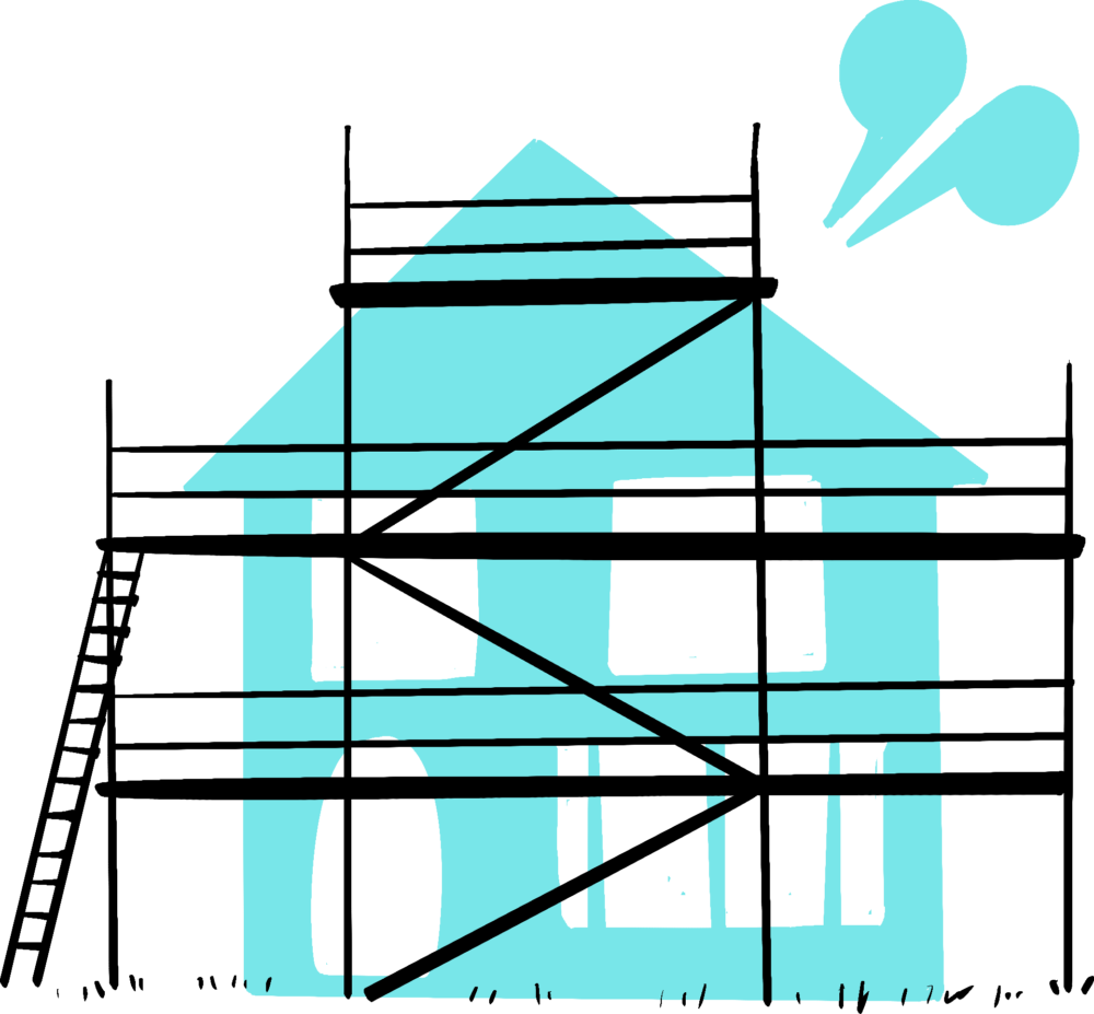 An illustration of a house encased in scaffolding