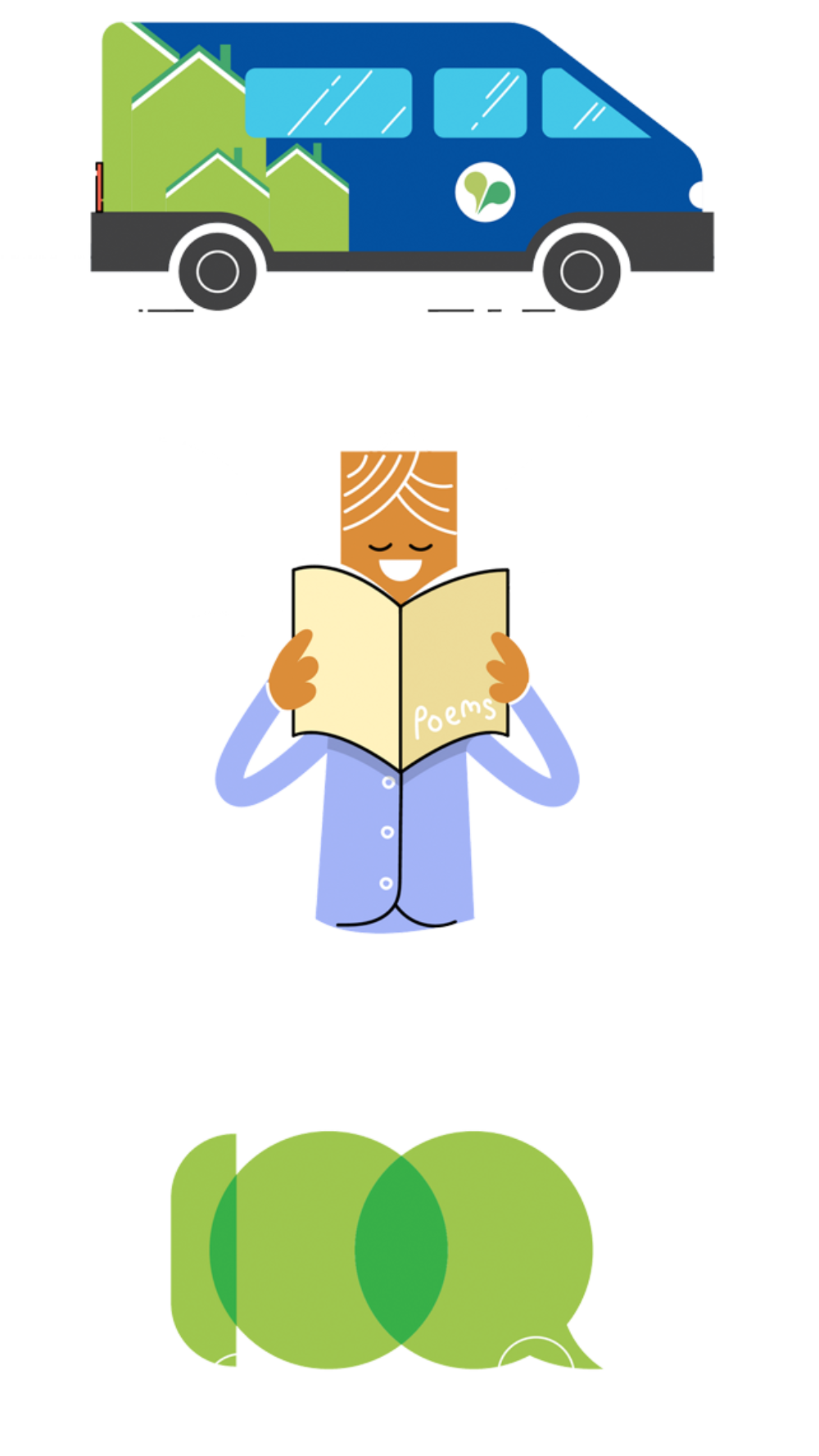 Illustration of a van, a person reading a book of poems and green speech bubbles